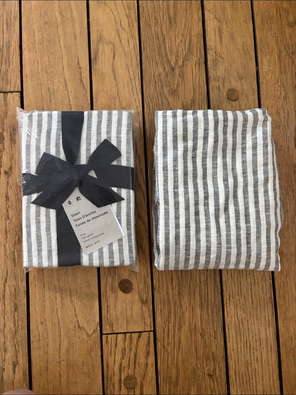 (2) WEST ELM linen striped king pillow shams